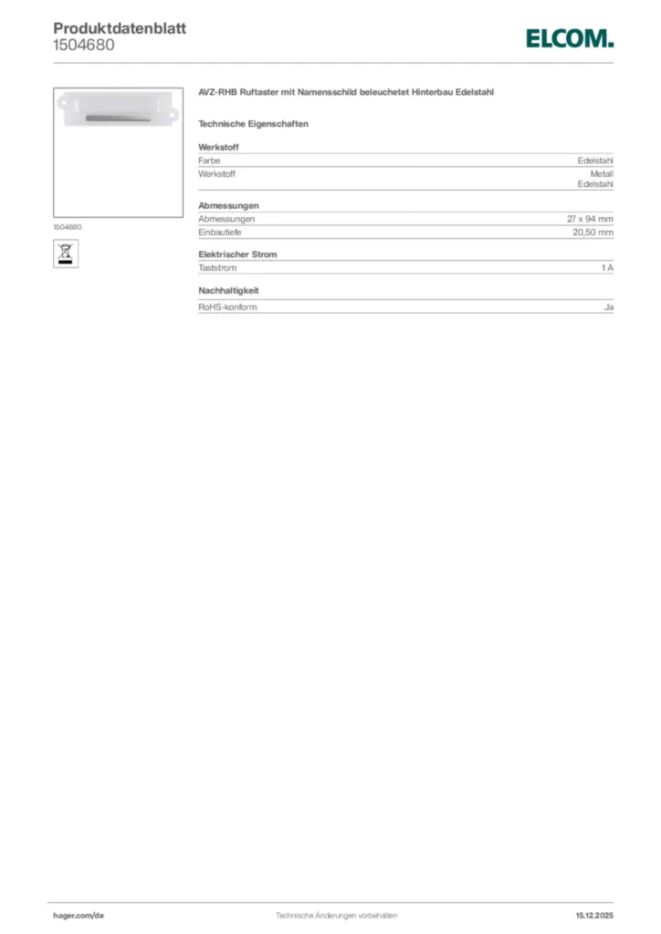 Bild Elcom Produktdatenblatt 1504680 | Hager Deutschland