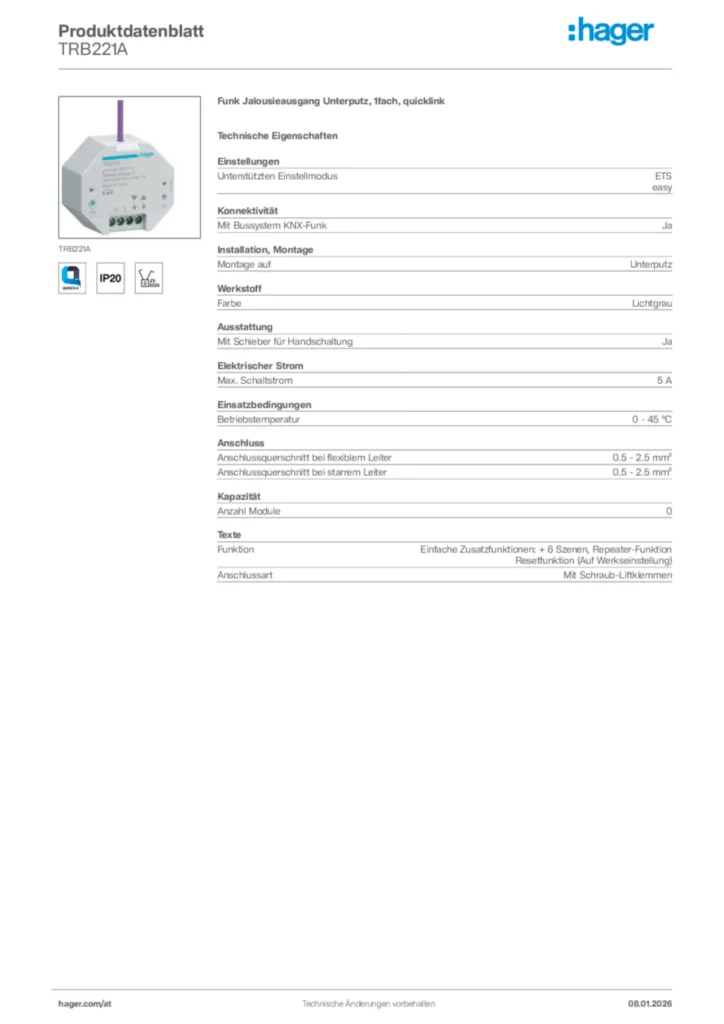 Bild Hager Produktdatenblatt TRB221A | Hager Deutschland