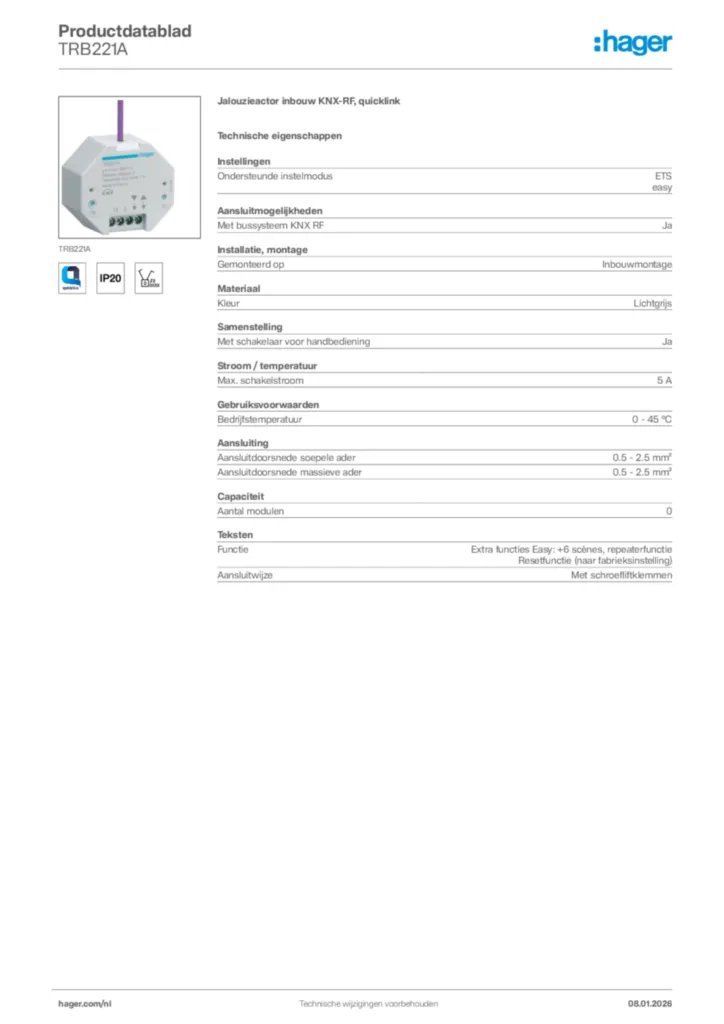 Afbeelding Hager Productdatablad TRB221A | Hager Nederland