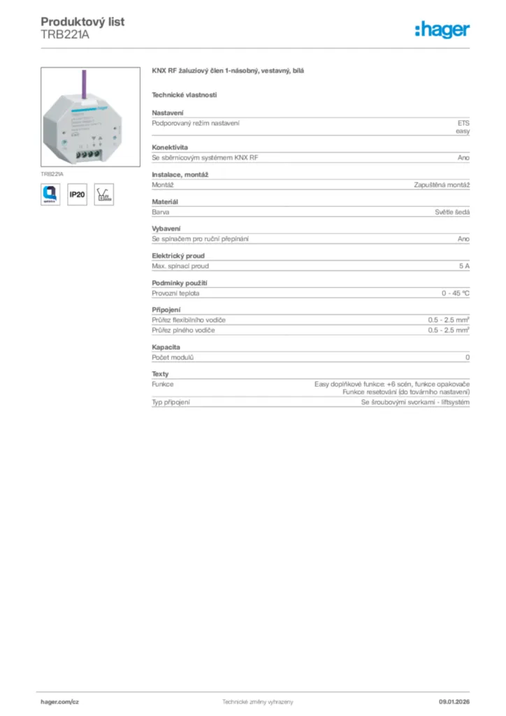 Obrázek Hager Product data sheet TRB221A | Hager