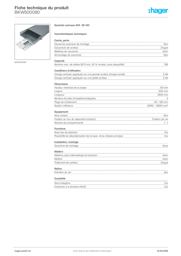 Image Hager Fiche technique du produit BKW500080 | Hager Suisse