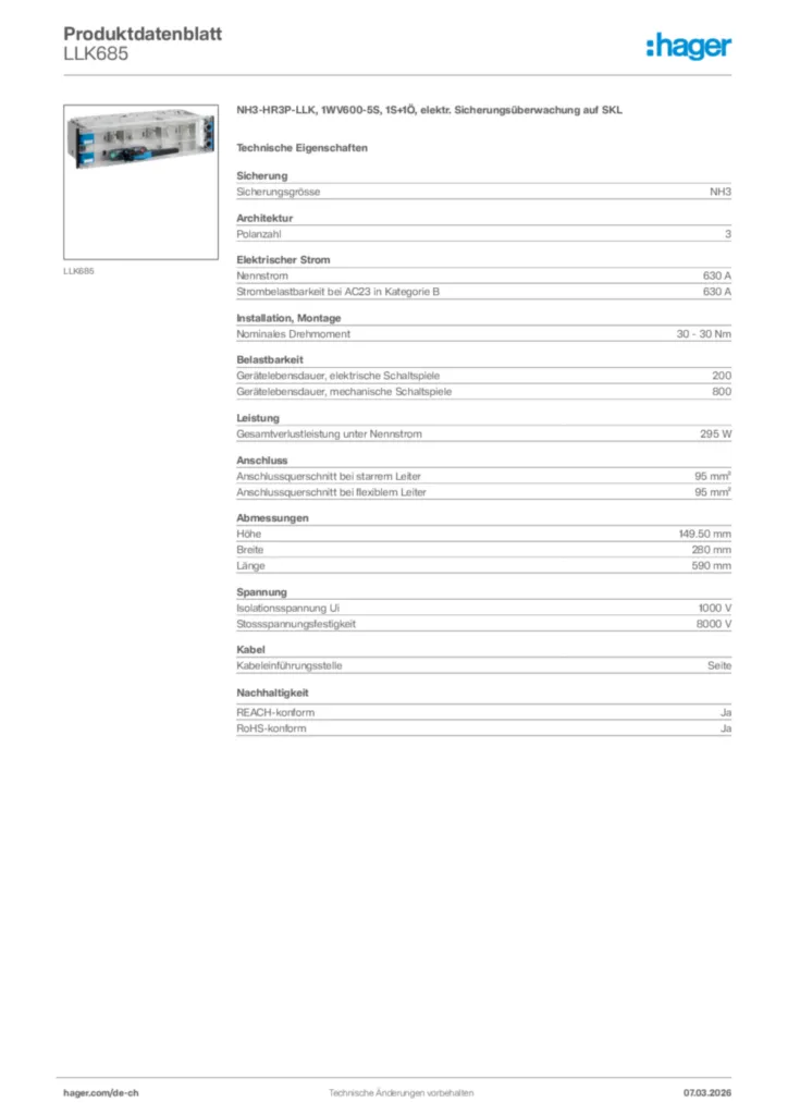 Bild Hager Produktdatenblatt LLK685 | Hager Schweiz