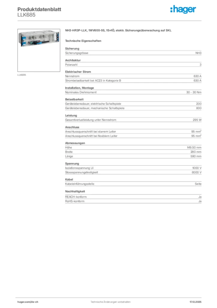 Bild Hager Produktdatenblatt LLK685 | Hager Schweiz