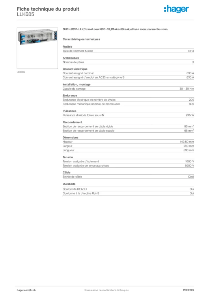 Image Hager Fiche technique du produit LLK685 | Hager Suisse
