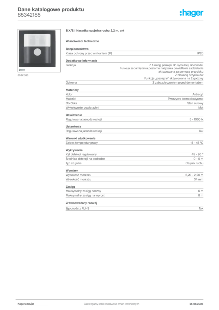 Zdjęcie Hager Karta katalogowa 85342185 | Hager Polska