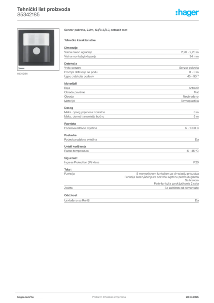 Slika Hager Product data sheet 85342185  | Hager