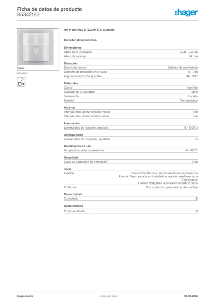 Imagen Hager Ficha de datos de producto 85342183 | Hager España