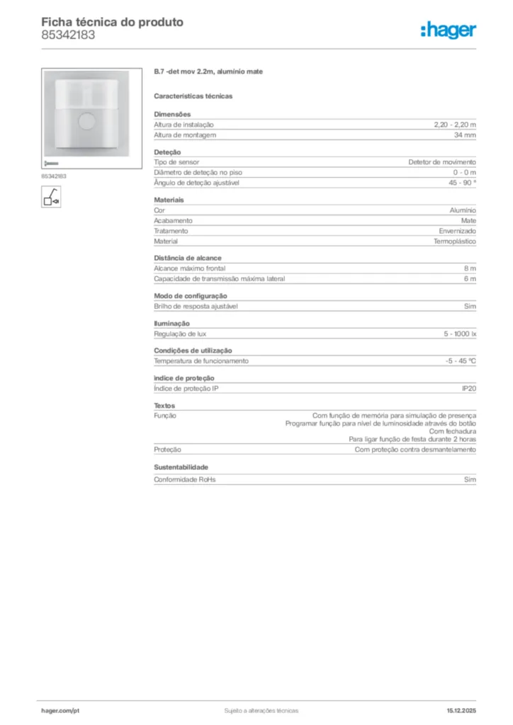 Imagem Hager Ficha técnica do produto 85342183 | Hager Portugal