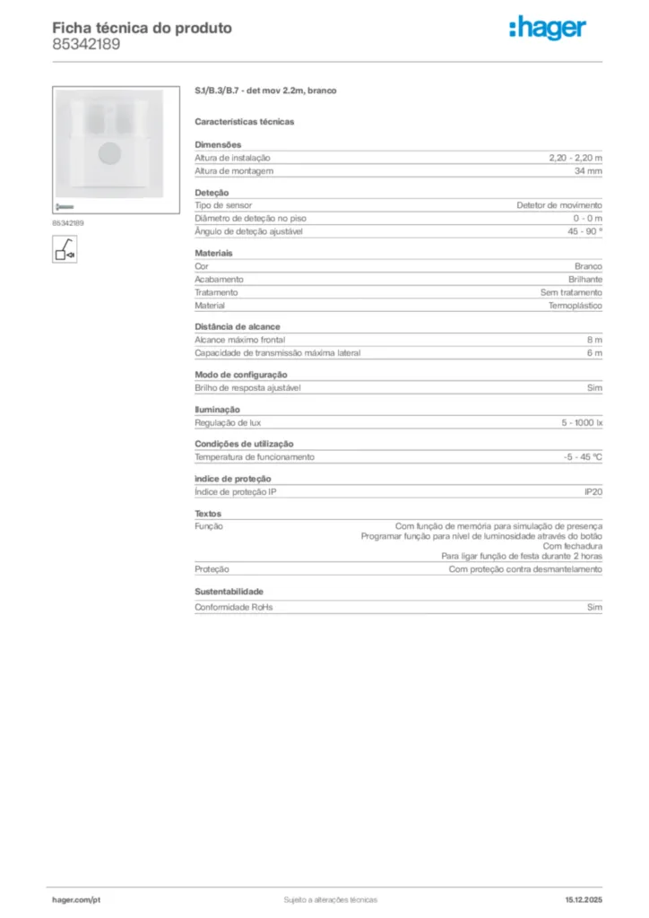 Imagem Hager Ficha técnica do produto 85342189 | Hager Portugal