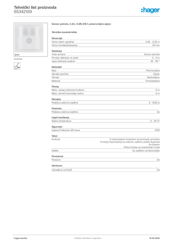 Slika Hager Tehnički list proizvoda 85342189  | Hager