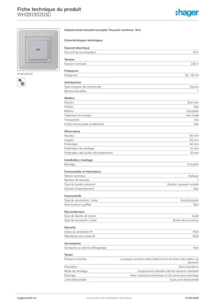 Image Hager Fiche technique du produit WH26130203C | Hager Suisse