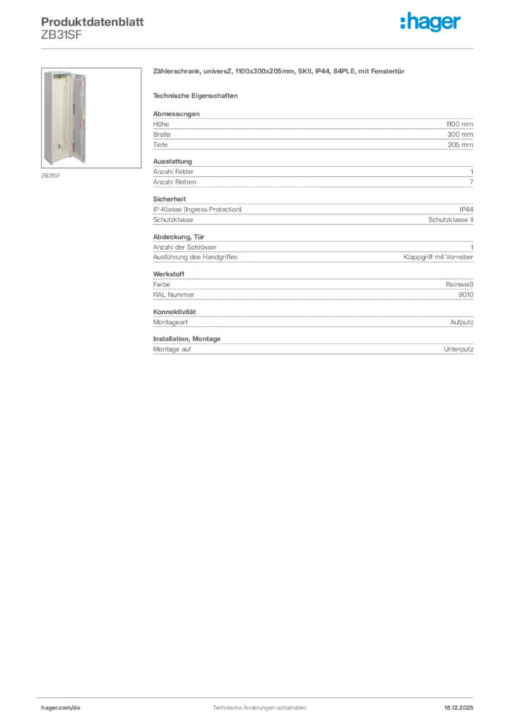 Bild Hager Produktdatenblatt ZB31SF | Hager Deutschland