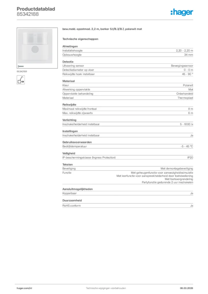Afbeelding Hager Productdatablad 85342188 | Hager Nederland