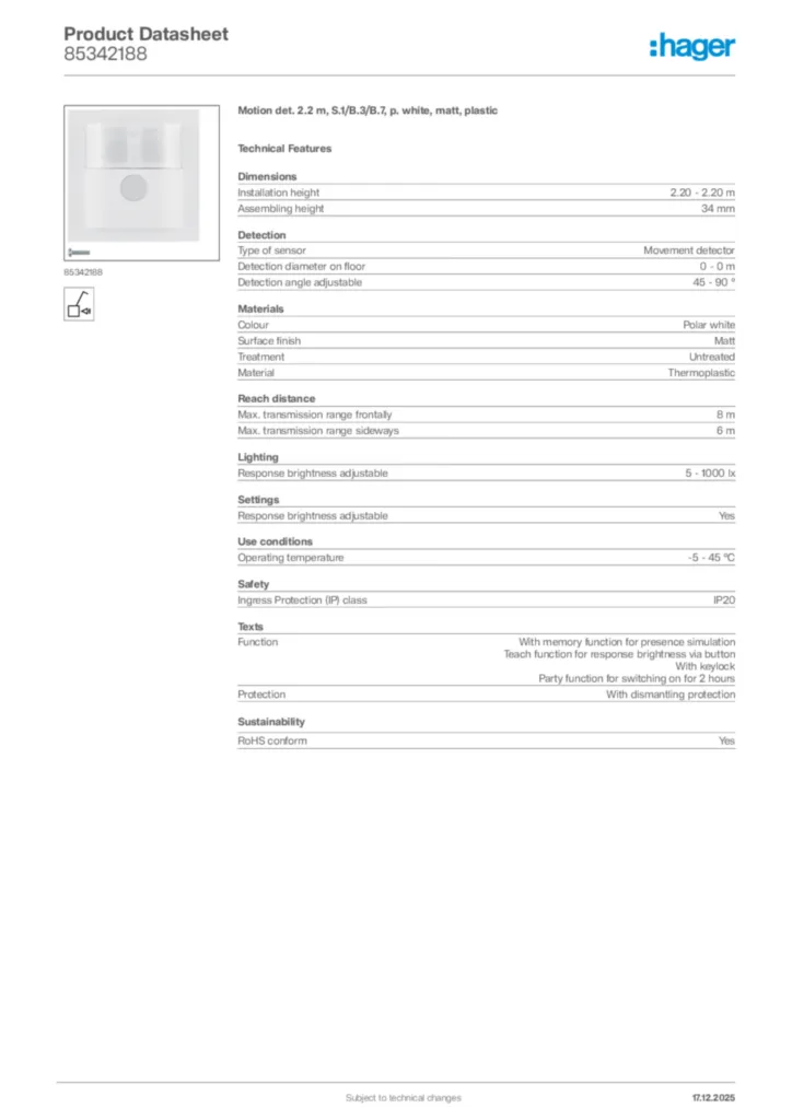 Image Hager Product data sheet 85342188  | Hager