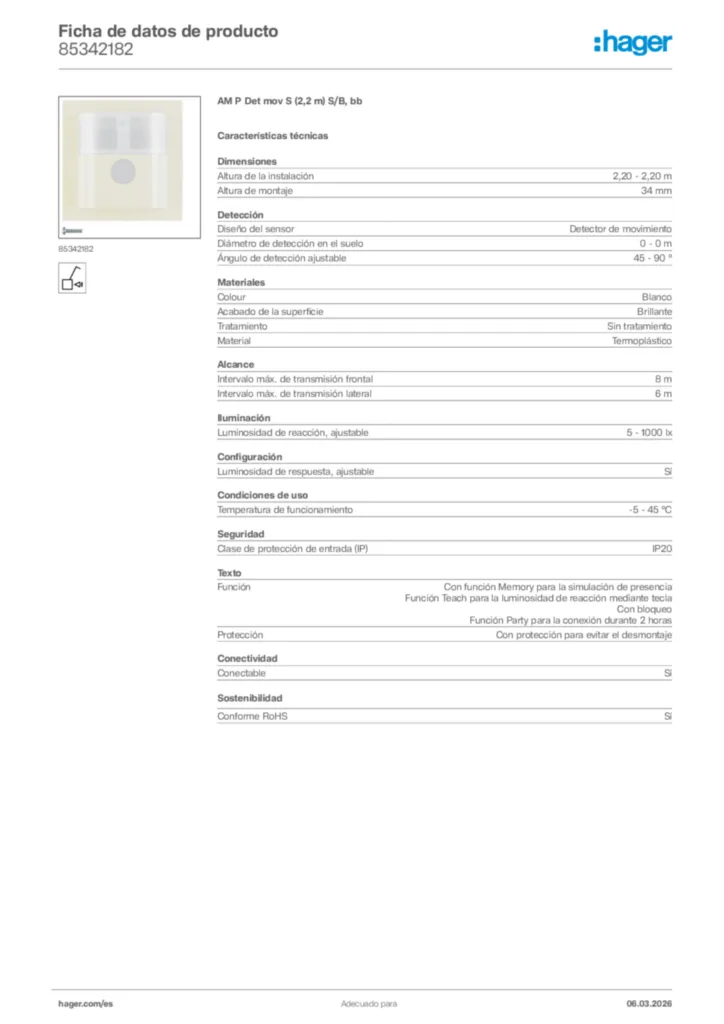 Imagen Hager Ficha de datos de producto 85342182 | Hager España