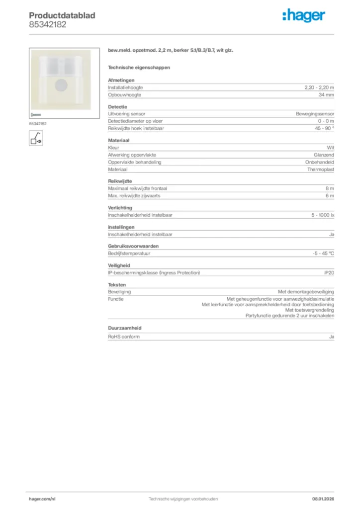 Afbeelding Hager Productdatablad 85342182 | Hager Nederland