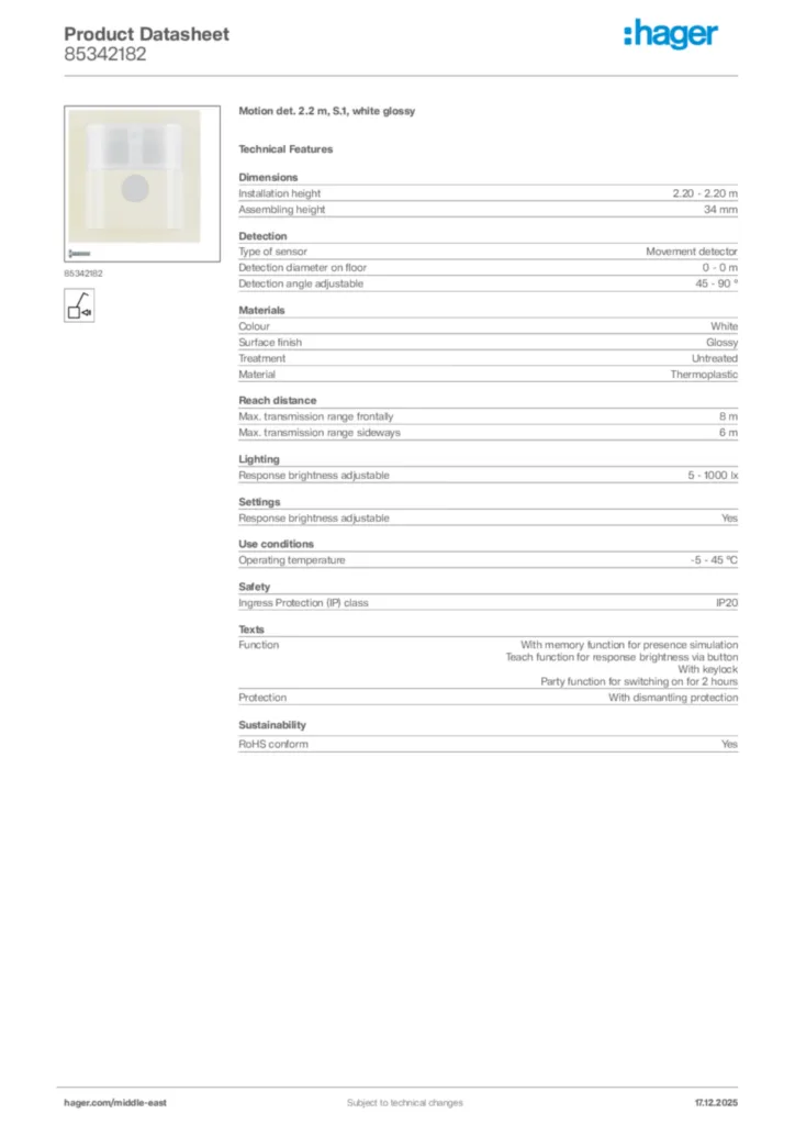 Image Hager Product data sheet 85342182  | Hager