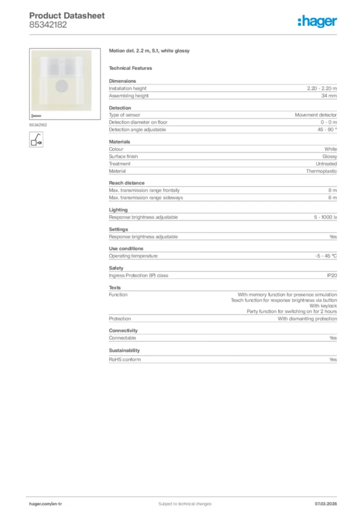 Image Hager Product data sheet 85342182  | Hager