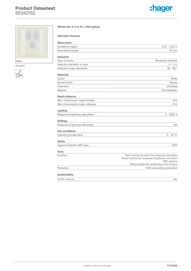 Image Hager Product data sheet 85342182  | Hager