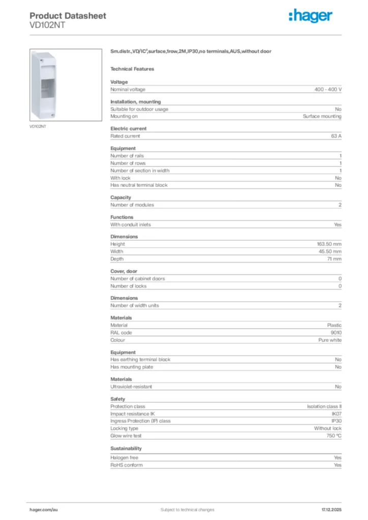 Image Hager Product data sheet VD102NT  | Hager Australia