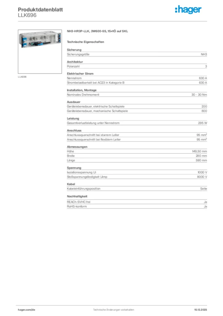 Bild Hager Produktdatenblatt LLK696 | Hager Deutschland