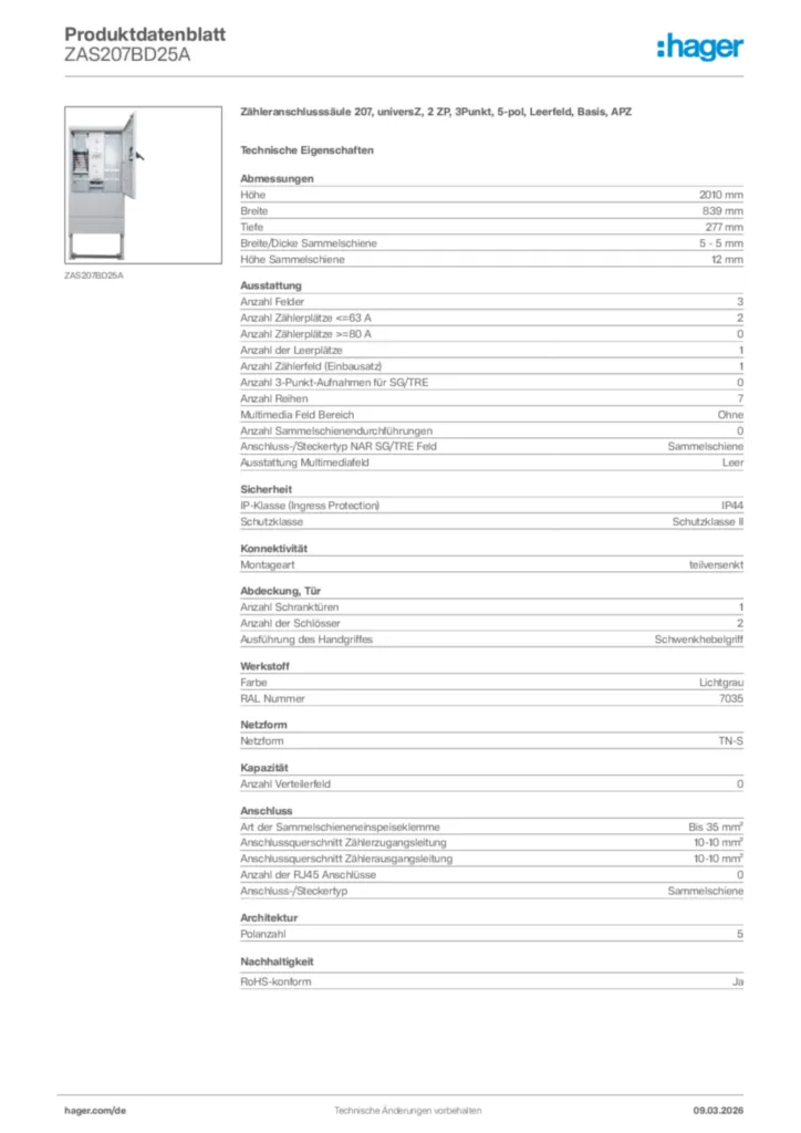 Bild Hager Produktdatenblatt ZAS207BD25A | Hager Deutschland