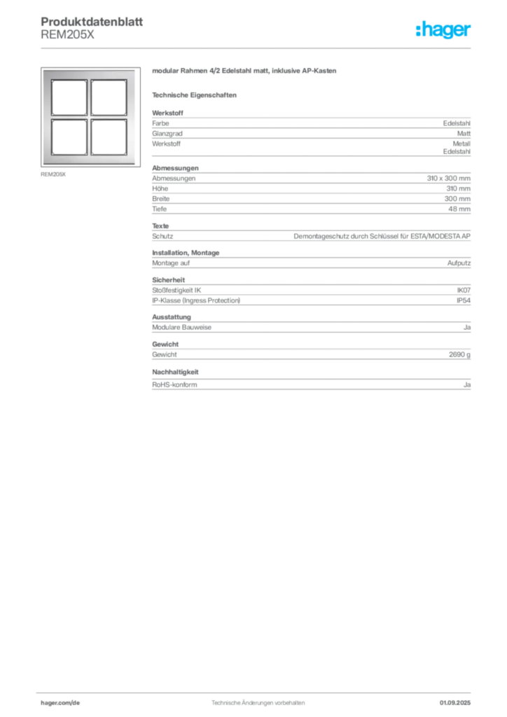 Hager Produktdatenblatt REM205X
