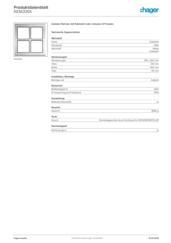 Bild Hager Produktdatenblatt REM205X | Hager Deutschland