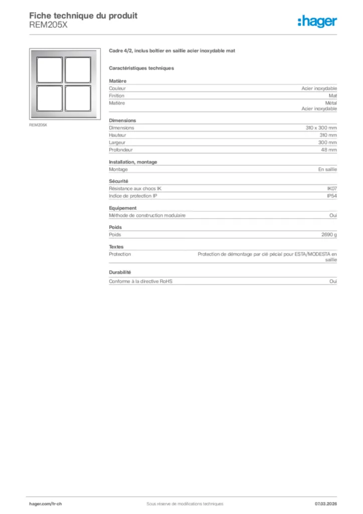Image Hager Fiche technique du produit REM205X | Hager Suisse