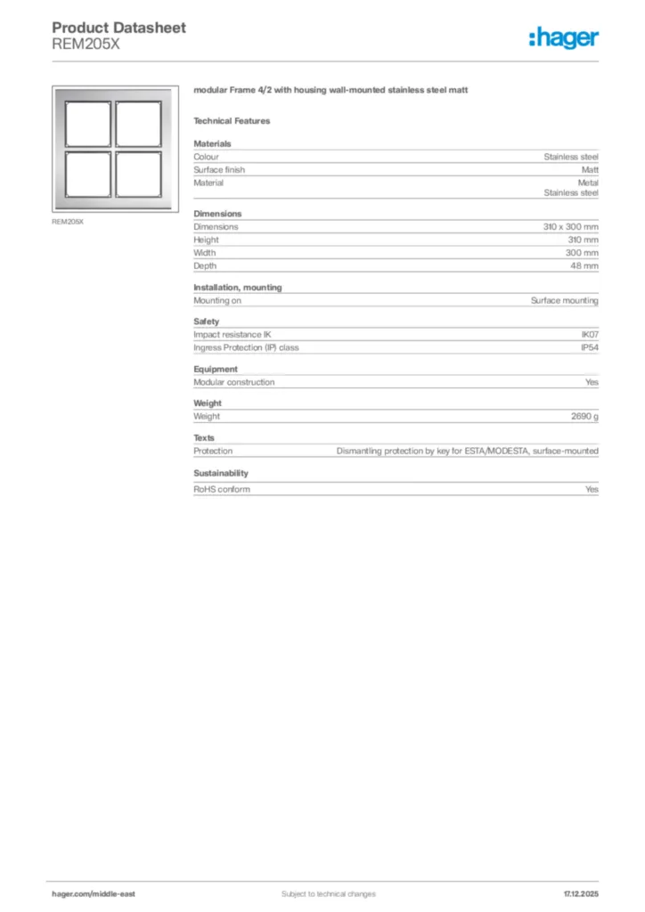 Image Hager Product data sheet REM205X  | Hager