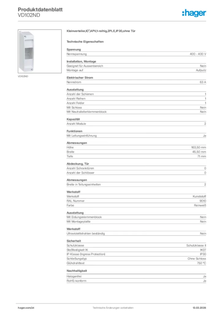 Bild Hager Produktdatenblatt VD102ND | Hager Deutschland