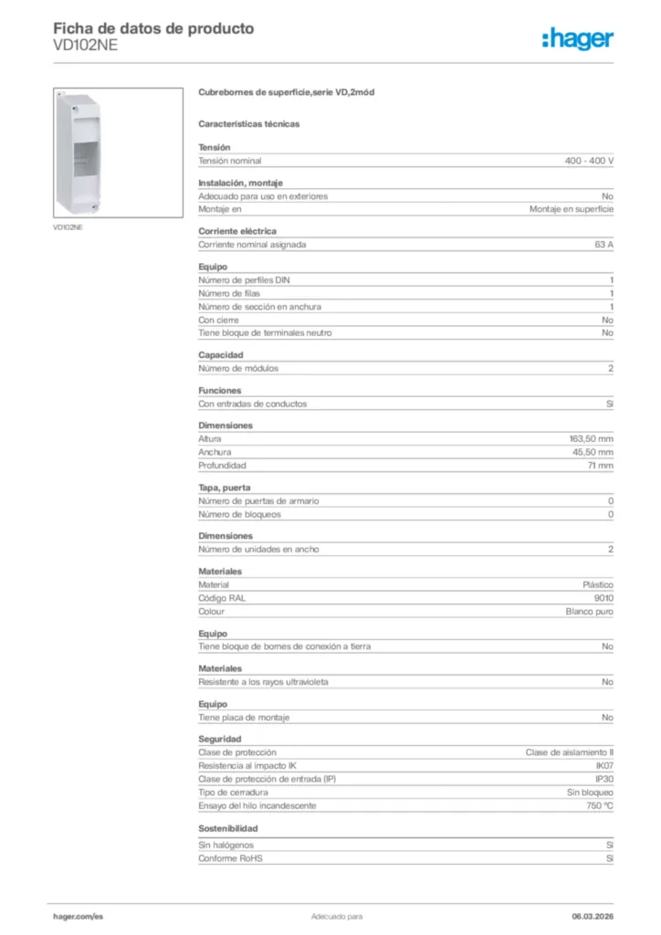 Imagen Hager Ficha de datos de producto VD102NE | Hager España