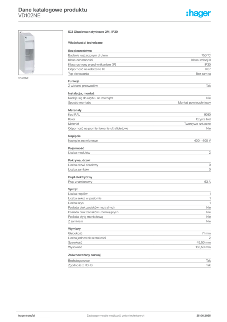 Zdjęcie Hager Karta katalogowa VD102NE | Hager Polska