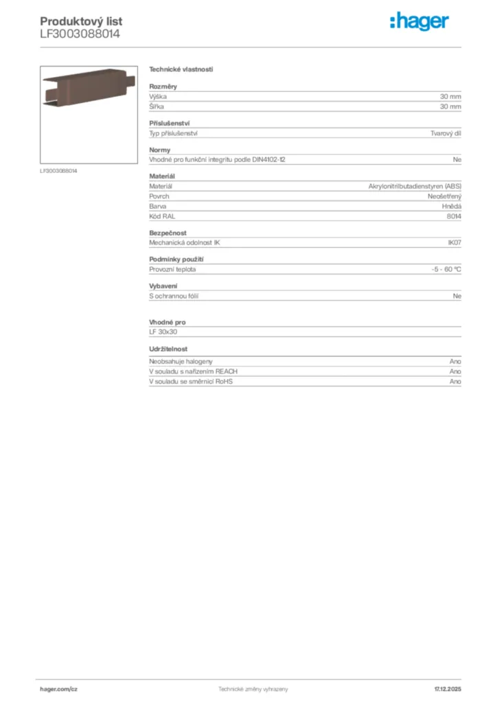 Obrázek Hager Produktový list LF3003088014 | Hager