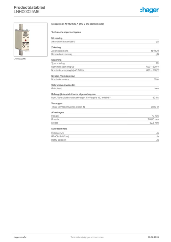 Afbeelding Hager Productdatablad LNH00025M6 | Hager Nederland