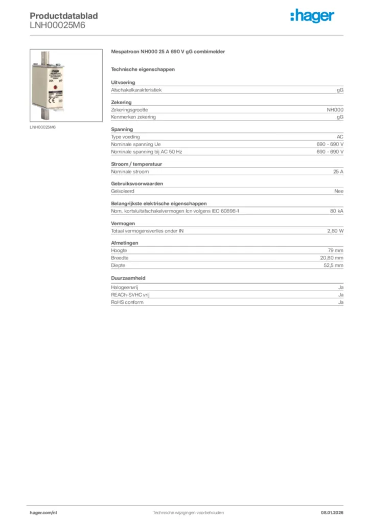 Afbeelding Hager Productdatablad LNH00025M6 | Hager Nederland