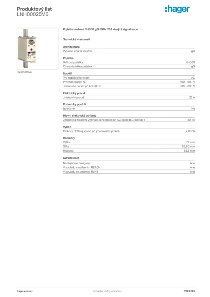 Obrázek Hager Produktový list LNH00025M6 | Hager