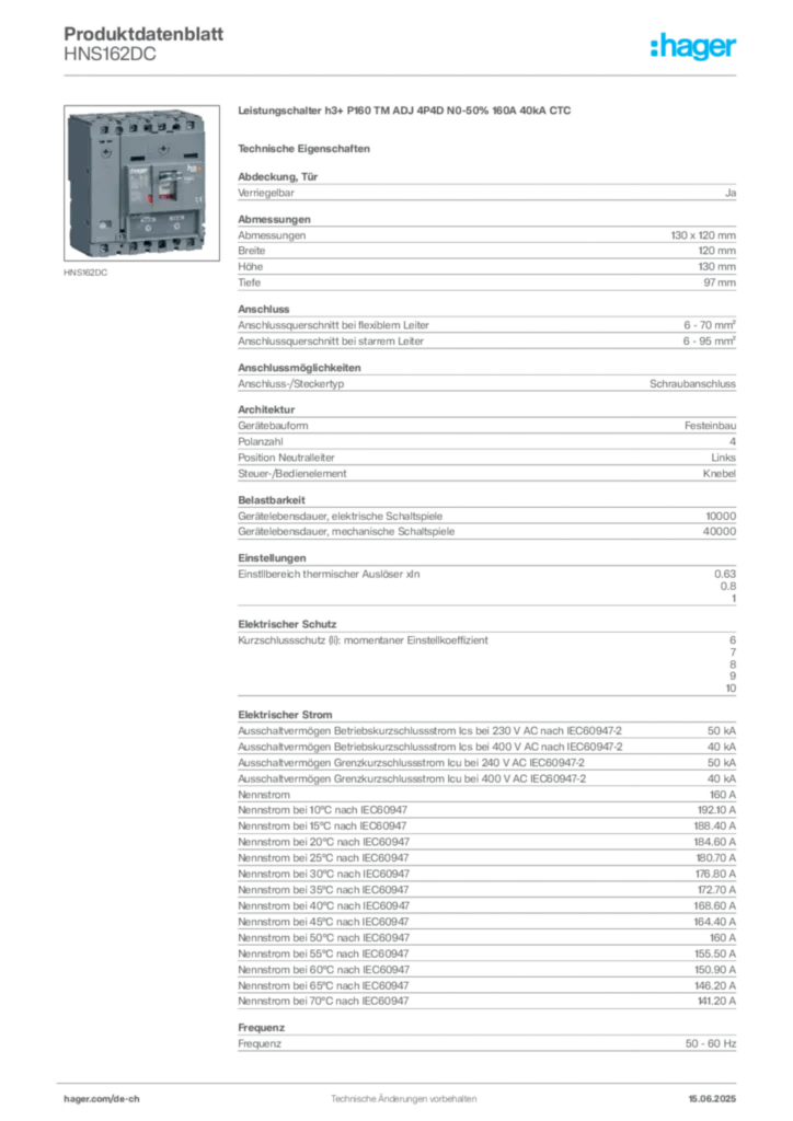 Bild Hager Produktdatenblatt HNS162DC | Hager Schweiz