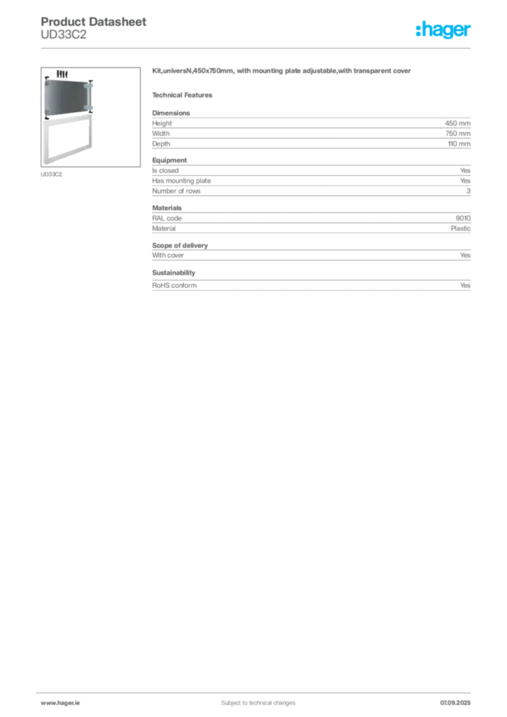 Image Hager Product data sheet UD33C2  | Hager