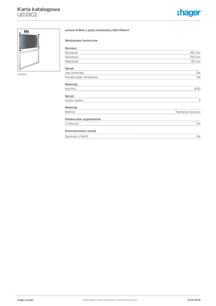 Zdjęcie Hager Karta katalogowa UD33C2 | Hager Polska