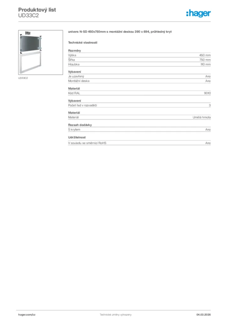 Obrázek Hager Product data sheet UD33C2 | Hager