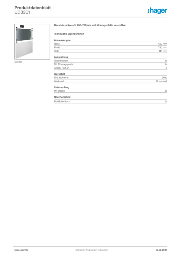 Hager Produktdatenblatt UD33C1