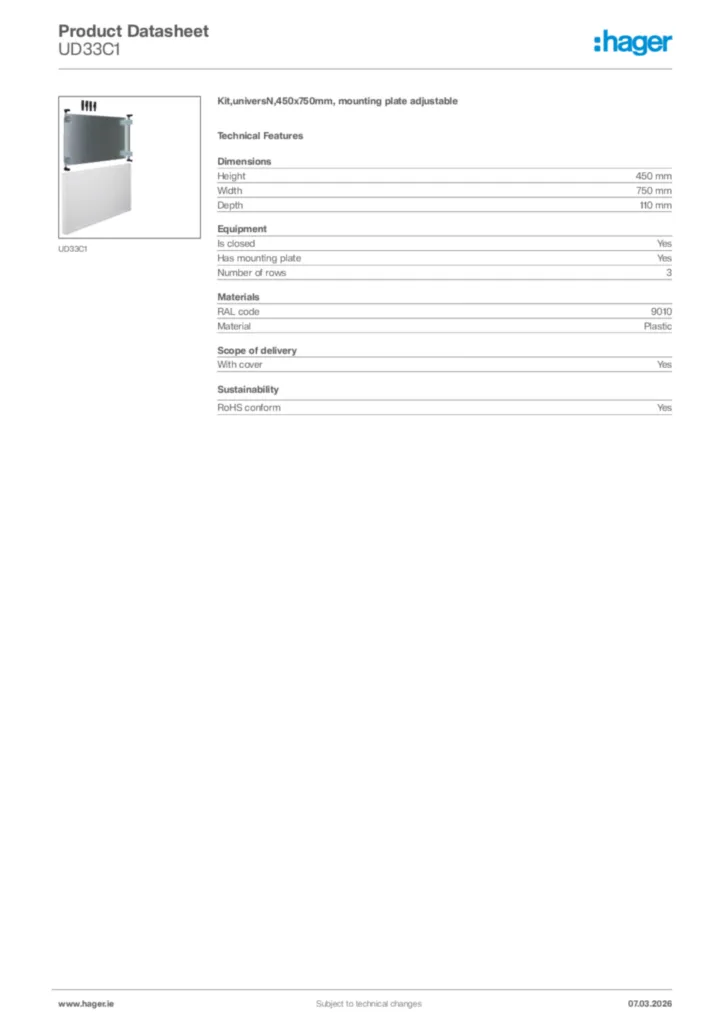 Image Hager Product data sheet UD33C1  | Hager