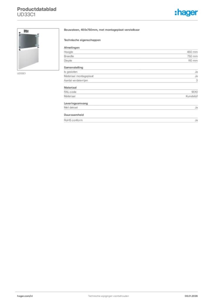 Afbeelding Hager Productdatablad UD33C1 | Hager Nederland