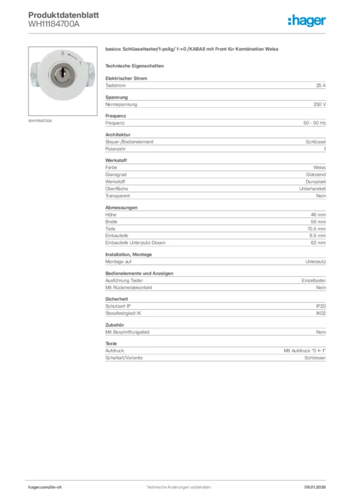 Bild Hager Produktdatenblatt WH11184700A | Hager Schweiz