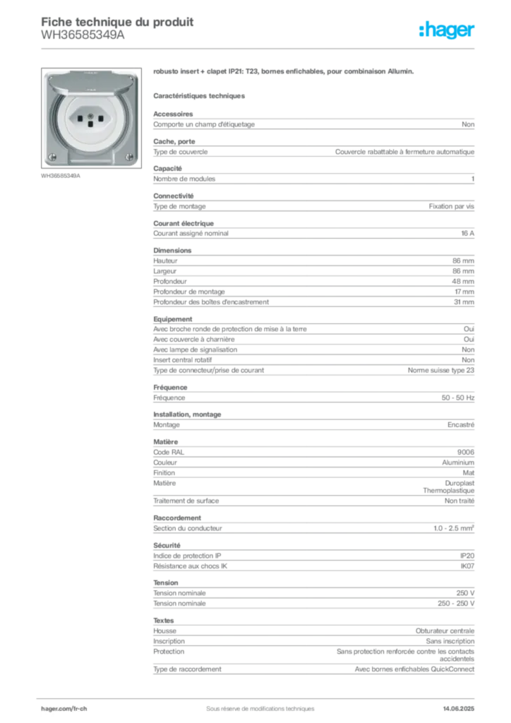 Image Hager Fiche technique du produit WH36585349A | Hager Suisse