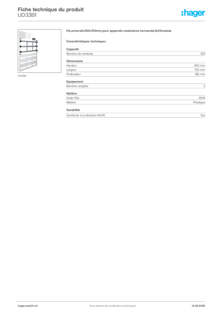 Image Hager Fiche technique du produit UD33B1 | Hager Suisse