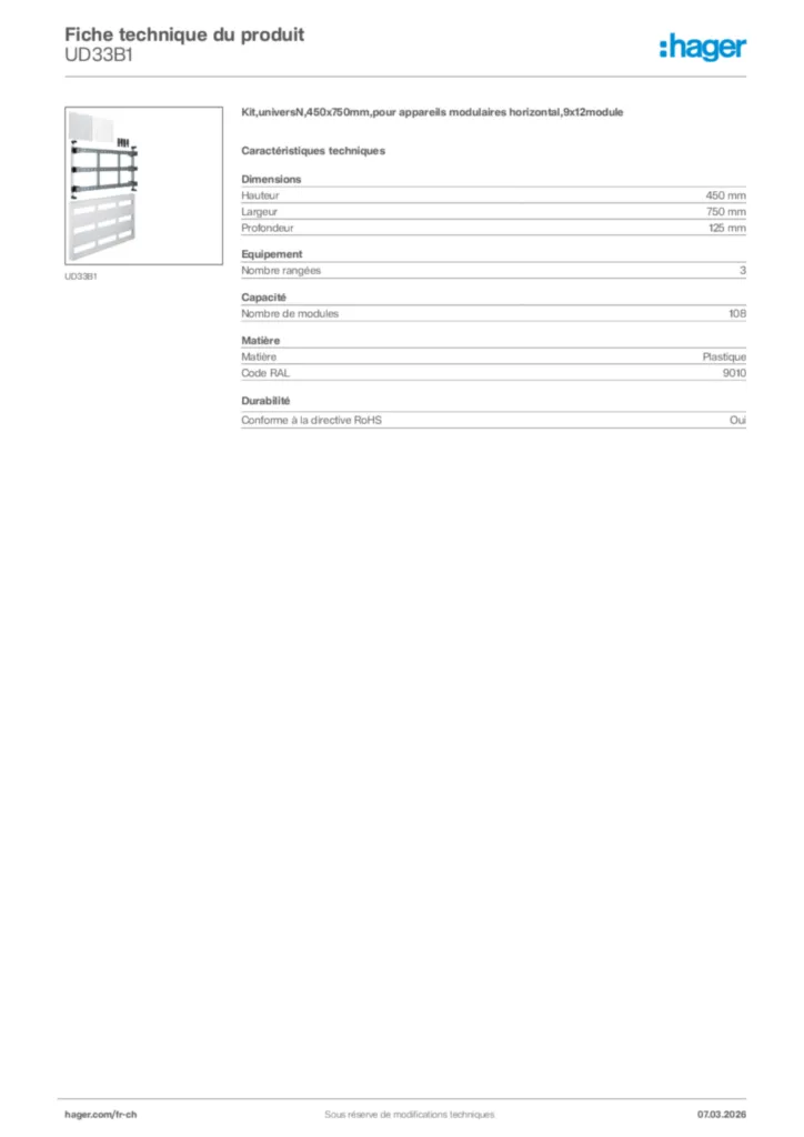 Image Hager Fiche technique du produit UD33B1 | Hager Suisse