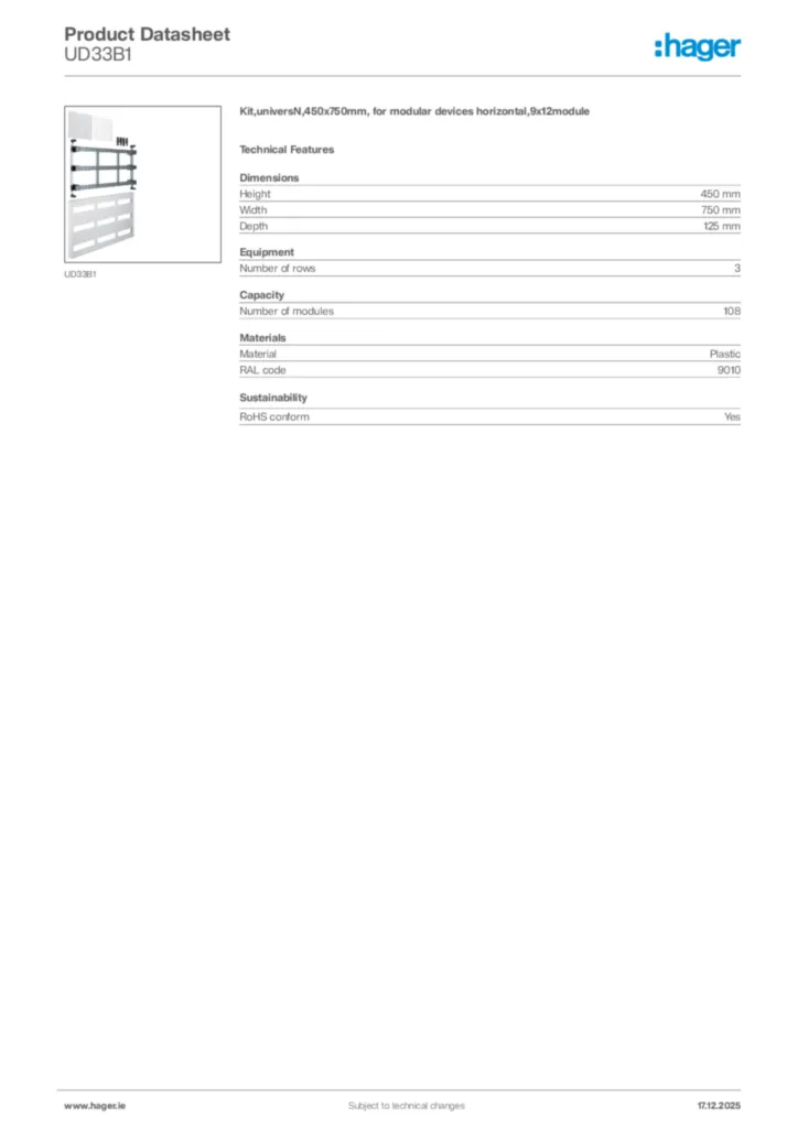Image Hager Product data sheet UD33B1  | Hager