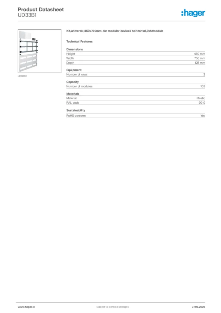 Image Hager Product data sheet UD33B1  | Hager